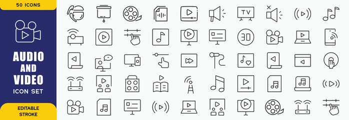 Audio Video icon set. Line icon collection set. Music, Cinema, File, Song, Movie and more. Simple vector icons. Vector  icon set