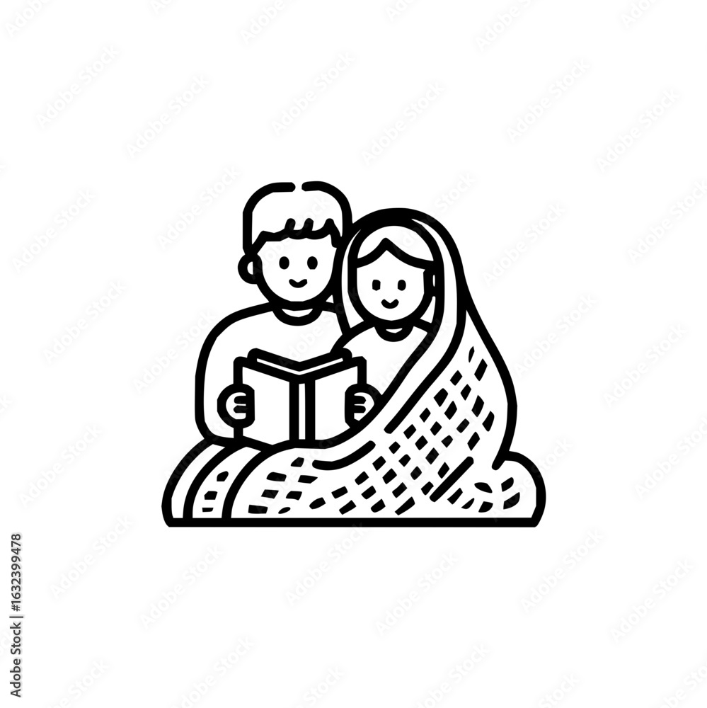 Poster illustration of a couple reading a book together under a blanket with a pattern in a simple line art