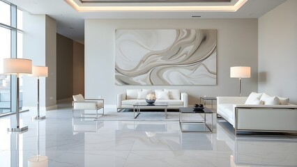 Luxurious contemporary living room with white sofas, polished marble floor, and abstract wall art.
