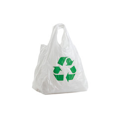 Recyclable plastic bag with green recycle symbol isolated on white background