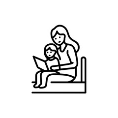Illustration of a mother and child sitting together while reading a book in a simple line drawing style