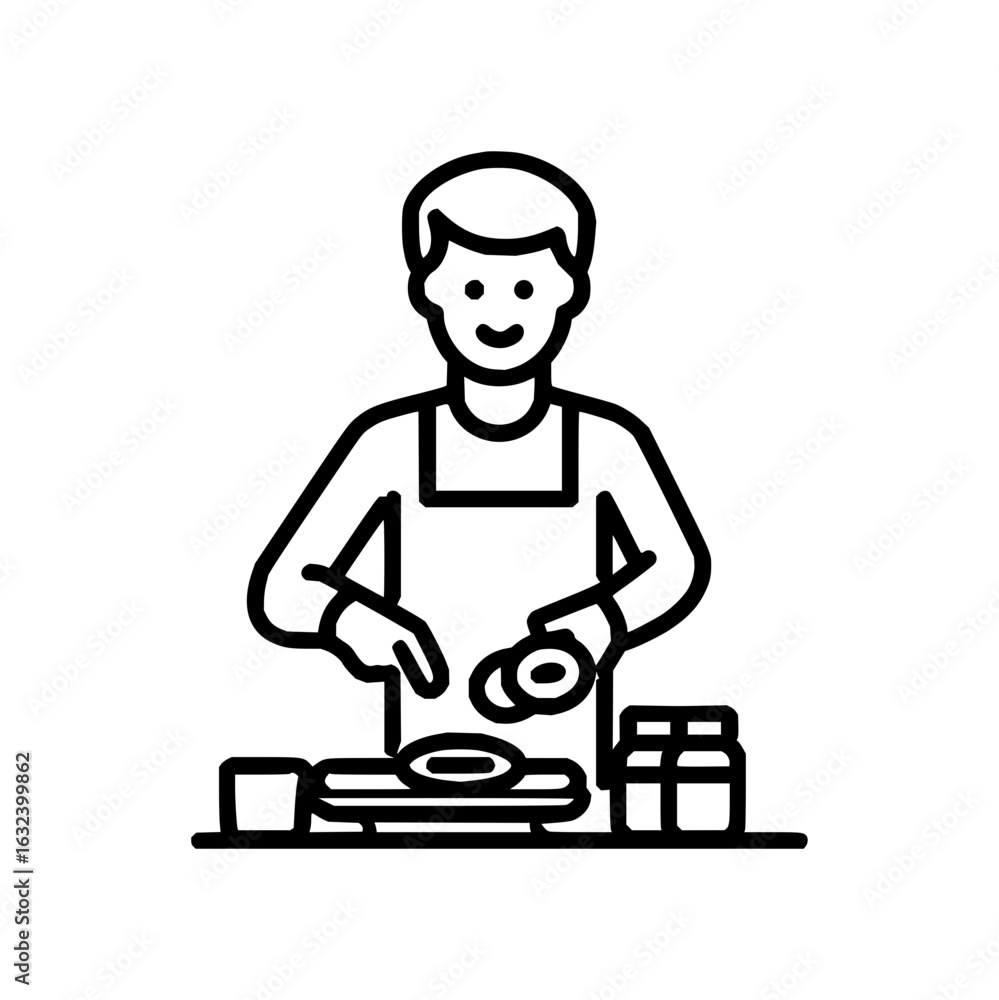 Poster person in apron preparing food with a smile at a table with containers and a plate in a line drawing