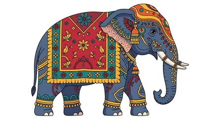 Ornate Indian elephant illustration in traditional decorative style. A concept of cultural heritage and festive celebration.