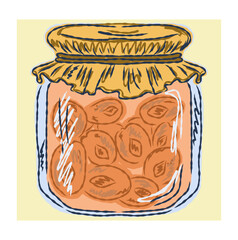 Hand drawn jar with preserved fruits or vegetables. Autumn harvest concept in sketchy vector style. Perfect for seasonal food illustrations, recipes and cozy kitchen designs