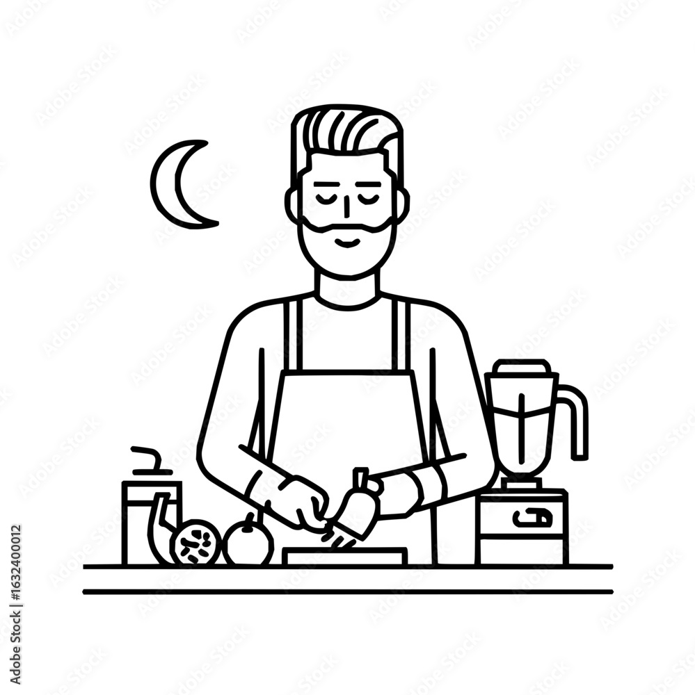 Poster man with beard and apron preparing food with a blender and moon in the background in black and white