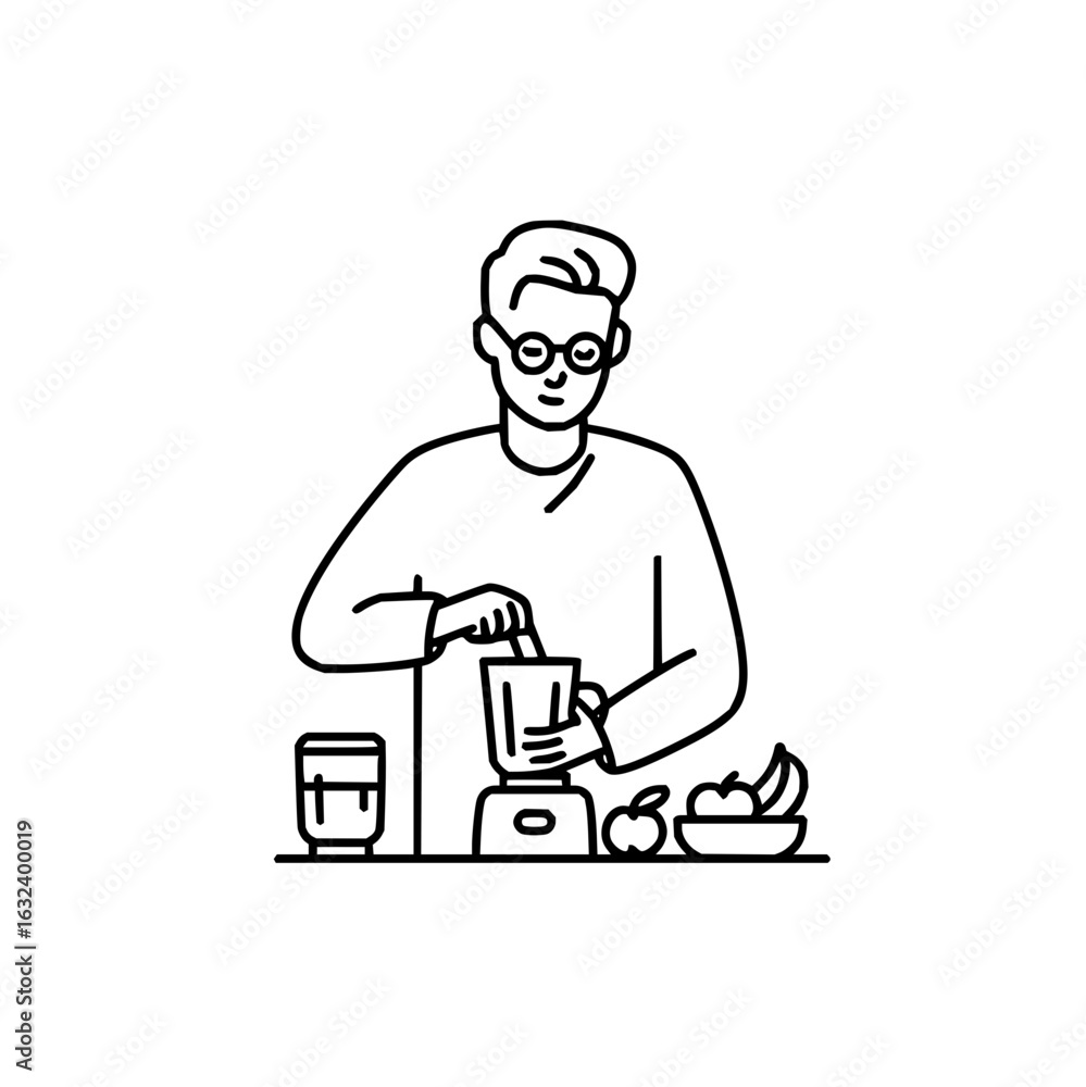 Poster person with glasses making a smoothie with a blender and fruit on the counter in a line drawing styl