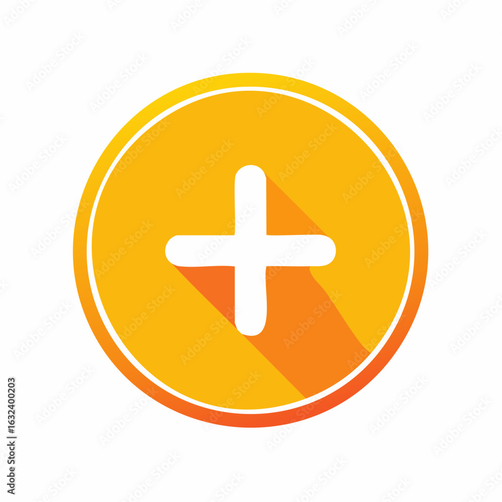 Poster flat design plus icon in a yellow circle with a long shadow vector illustration