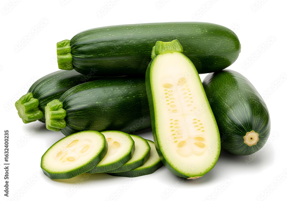 Aufkleber a pile of green zucchinis with one cut in half and several slices arranged in front against a white 