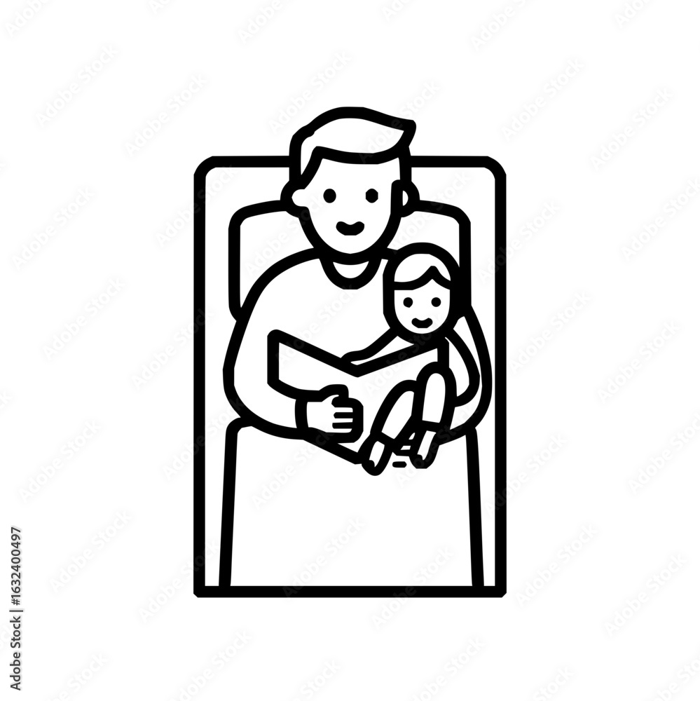 Poster a man is reading a book to a child in bed with a happy expression and simple line drawing illustrati