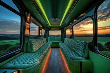 Luxury Party Bus Interior at Sunset