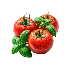 Fresh ripe tomatoes with basil leaves and water droplets isolated on white background