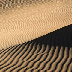 A dynamic close-up shot of a sandy desert dune showcasing beautiful ridges and shadows created by the intense sunlight. Generative AI.