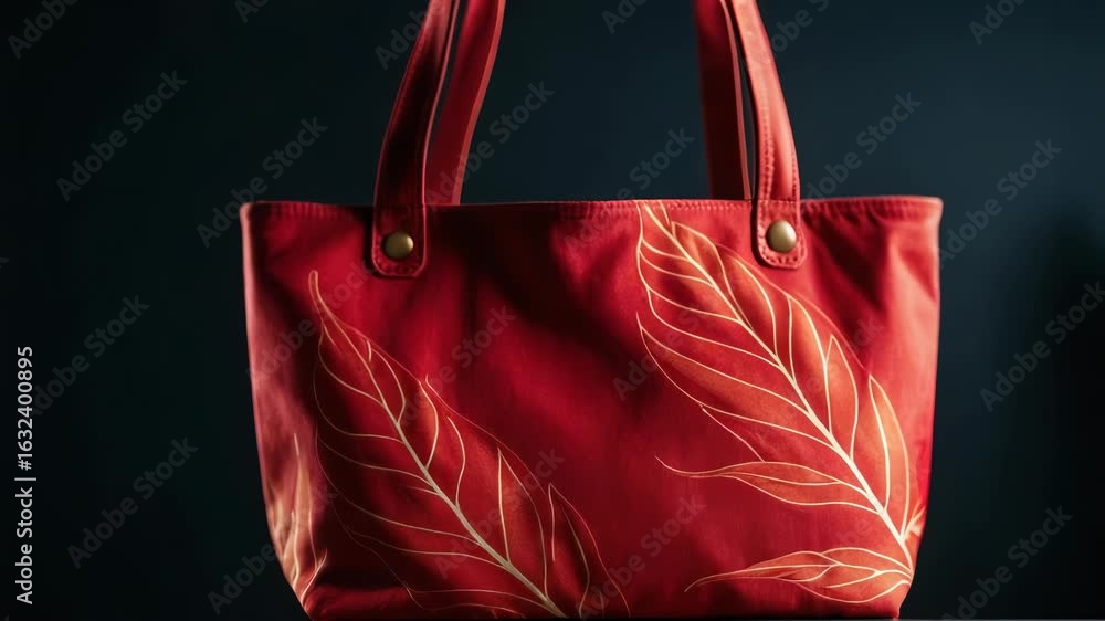Poster a red bag with a unique leaf pattern on it