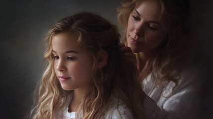 Mother tenderly brushing daughter s hair in morning light