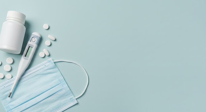 Medical Protection and Treatment: Mask, Thermometer, and Pills on Blue Background