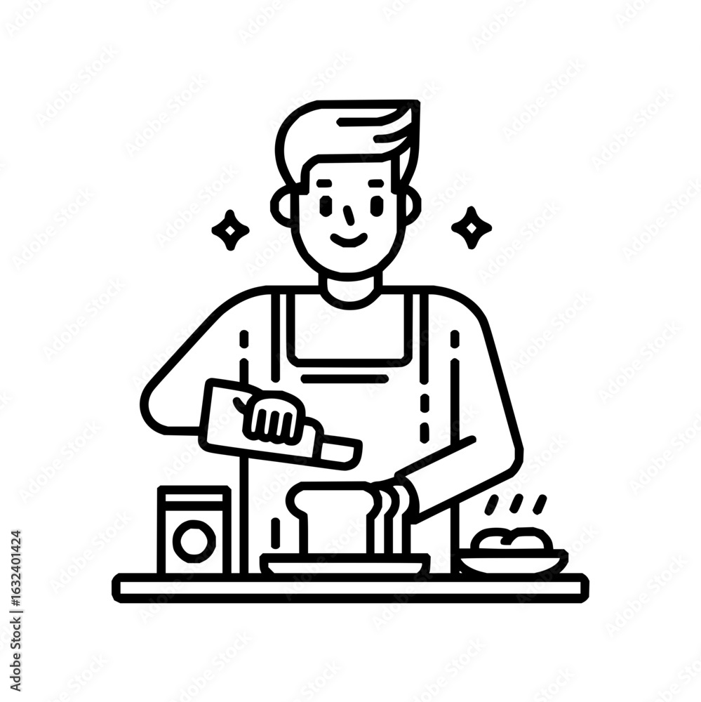 Poster a man in an apron is preparing toast with butter and jam on a table with sparkles around him happily
