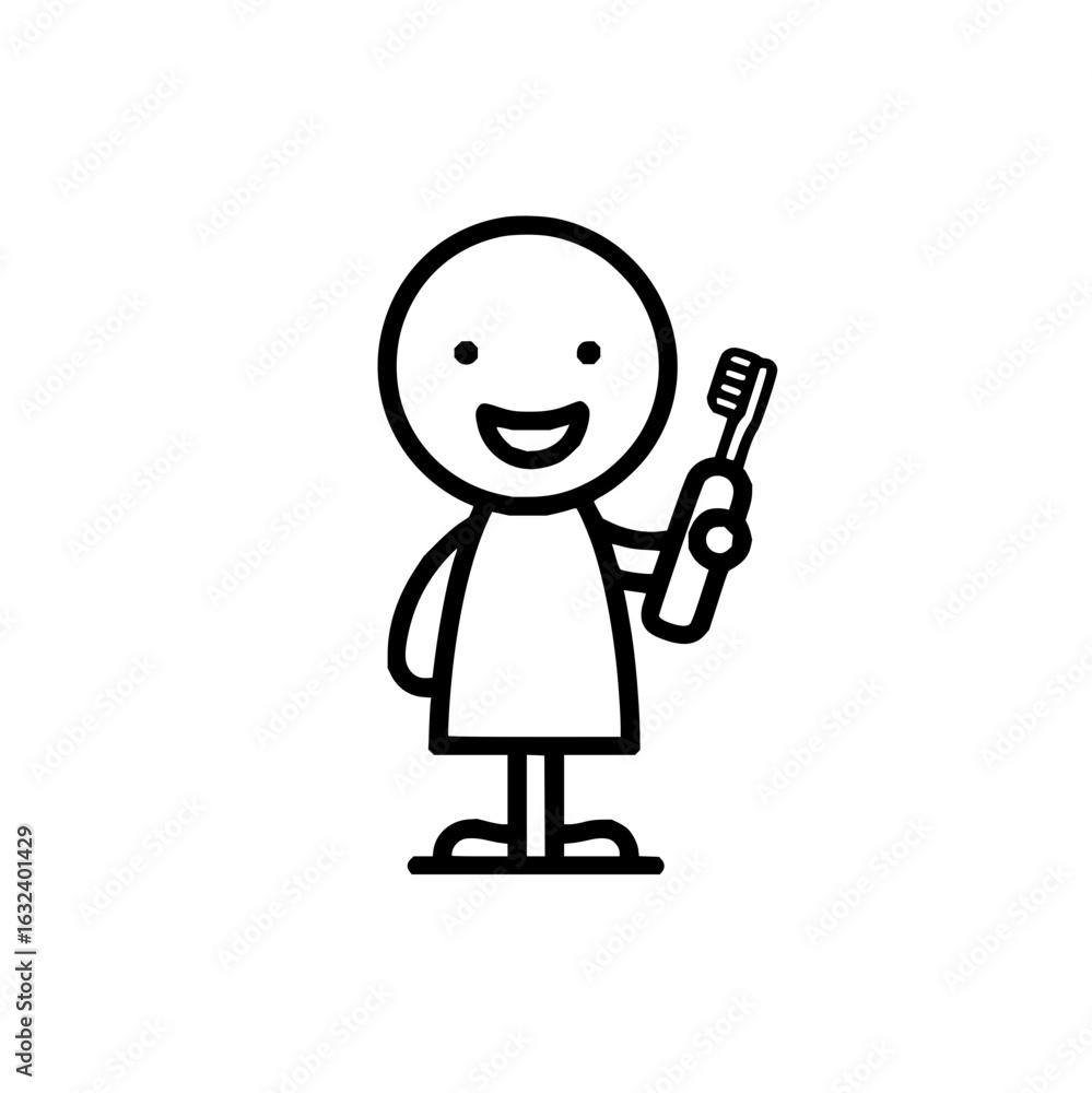 Poster a simple stick figure with a round head smiling and holding a toothbrush in its right hand outline a