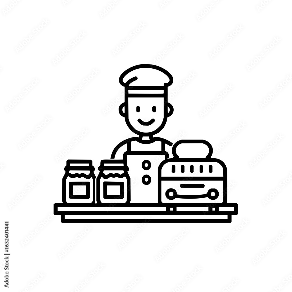 Poster a chef with jars and a toaster on a table in a black and white line drawing style illustration image