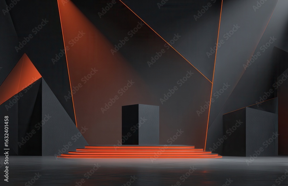 Poster black background with a minimalistic design, featuring an orange line and a black podium in the cent