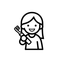Illustration of a smiling girl holding a toothbrush with visible bristles and a round handle design element