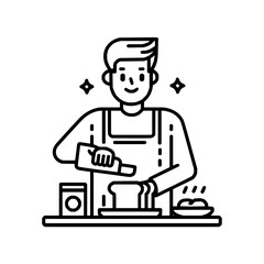 A man in an apron is preparing toast with butter and jam on a table with sparkles around him happily