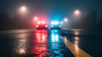 Glowing emergency lights reflecting on wet pavement at night, creating a dramatic atmosphere.