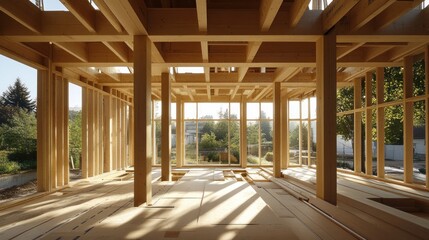 Fototapeta premium Wooden House Construction: A Modern Timber Frame Structure