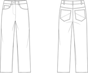CAD drawing, flat sketch, straight leg jeans, technical fashion illustration, front and back view, sewing pattern, vector apparel template