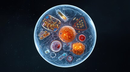 High-Resolution 3D Rendering of a Human Cell with Visible Organelles, Educational Cross-Section