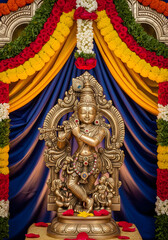 Fototapeta premium A stunning brass statue of a divine figure playing the flute, beautifully adorned with jewels and floral garlands