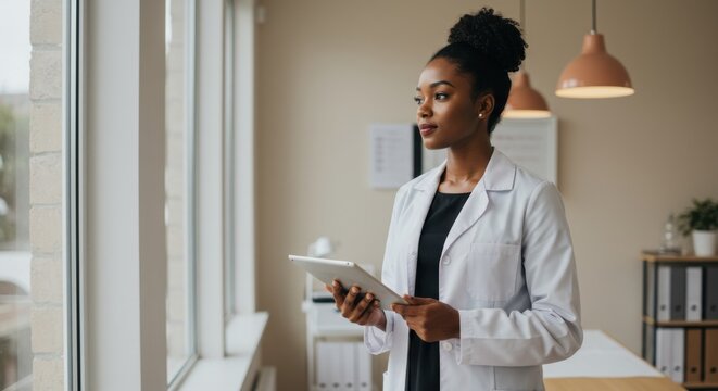 A professional African American female doctor or scientist holding a tablet, looking out a window