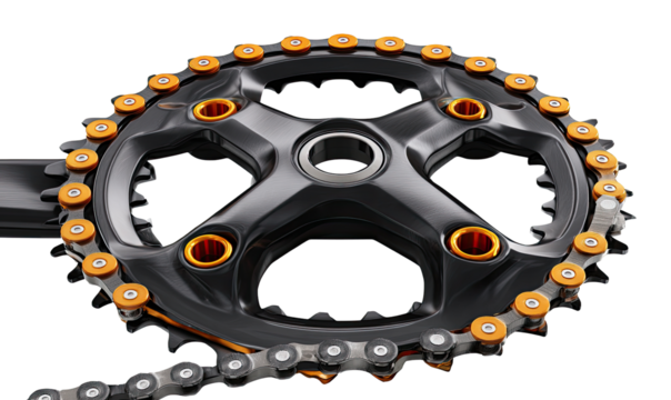 Close-up of a bicycle crankset with orange chainrings and a black body.  The chain is visible