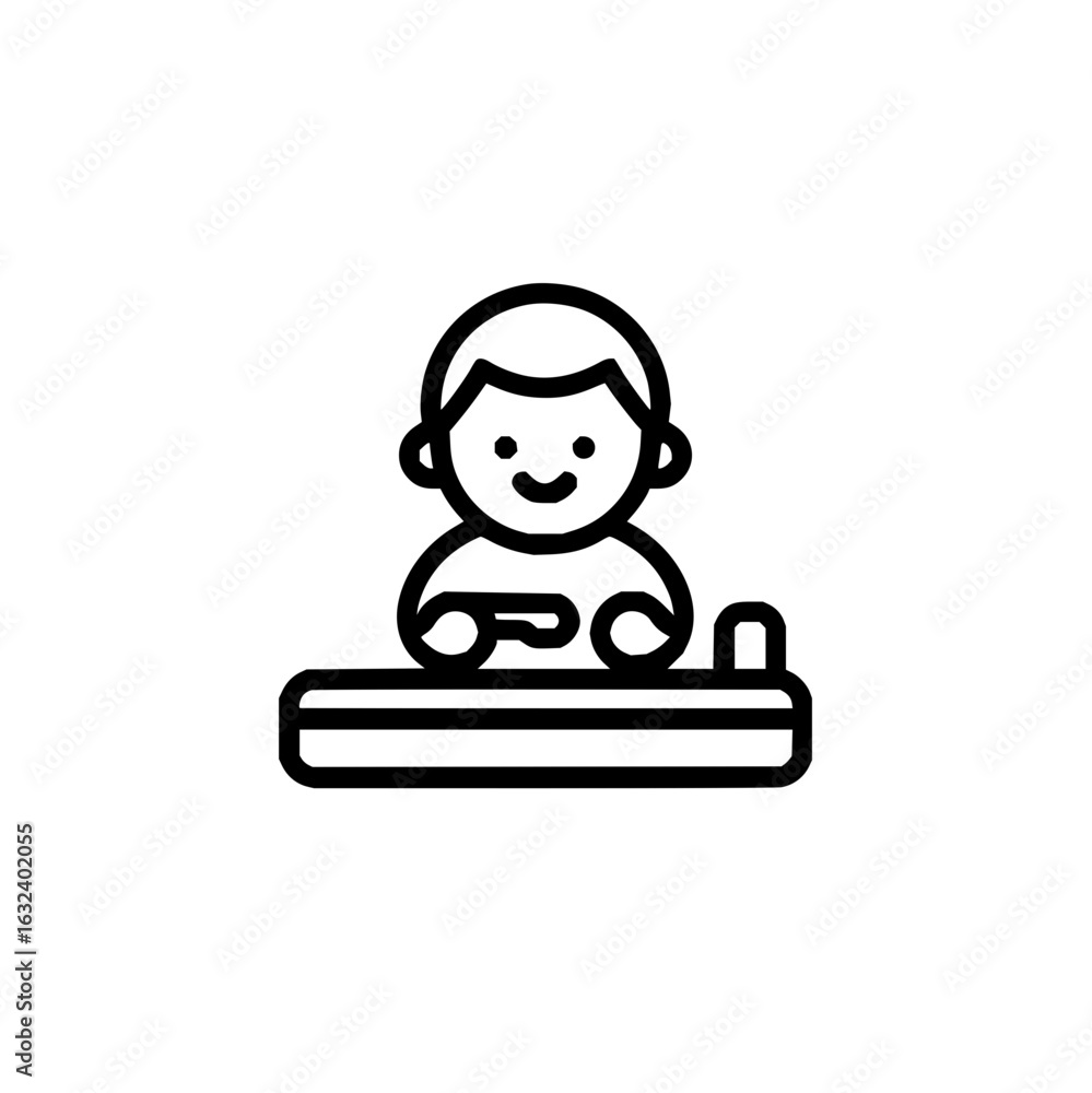 Poster a simple line drawing of a child playing a video game at a table with a controller and a joystick ic