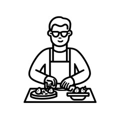 A person with glasses and an apron preparing food on a table with two plates of food in black and white