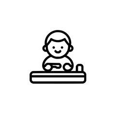 A simple line drawing of a child playing a video game at a table with a controller and a joystick icon