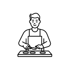 A person in an apron is cooking something on a stove with three burners, holding a utensil in their hands