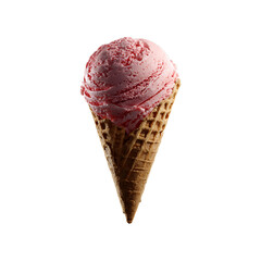 Strawberry ice cream in waffle cone isolated on white background