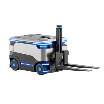 Advanced autonomous forklift with blue led accents isolated on transparent background
