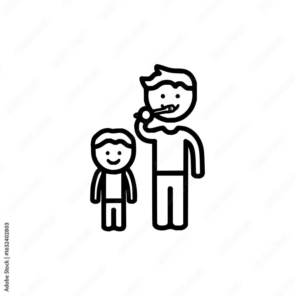 Poster a simple line drawing of a parent brushing their teeth next to a child with a smiling face on a whit