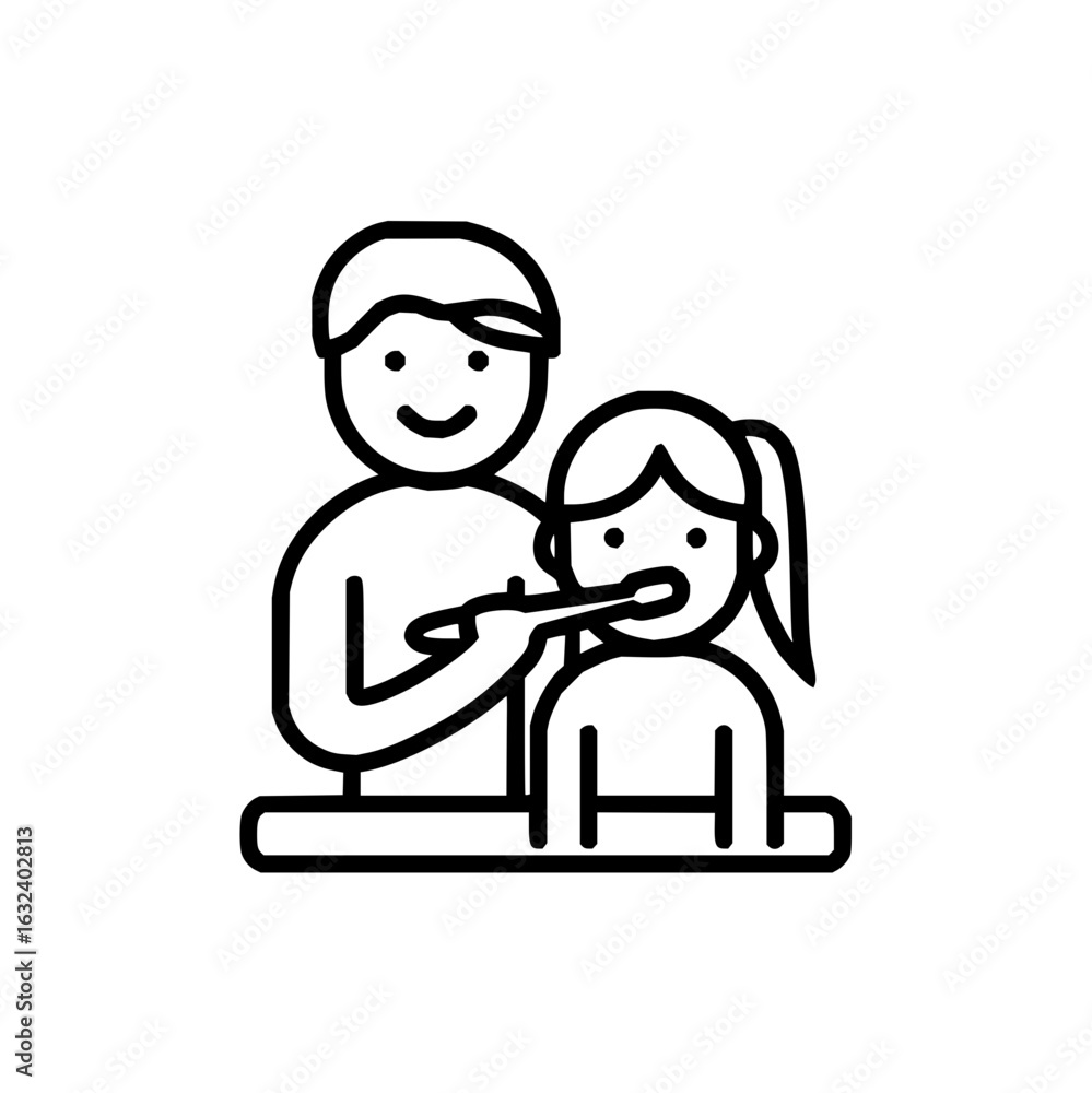 Poster person assisting a child with brushing their teeth in a simple line drawing with a smiling face and 