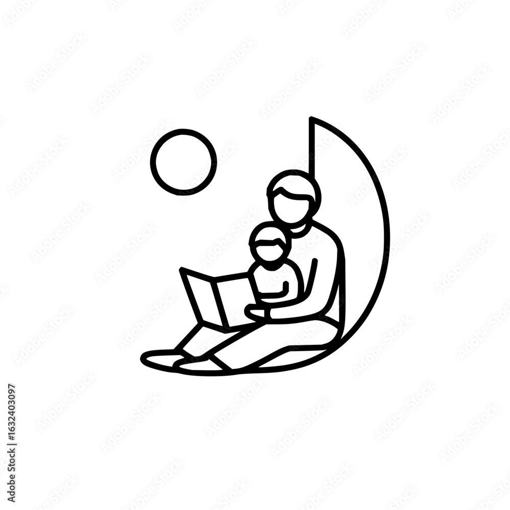 Poster a simple line drawing of a parent reading a book to a child with a circle and crescent shape behind 