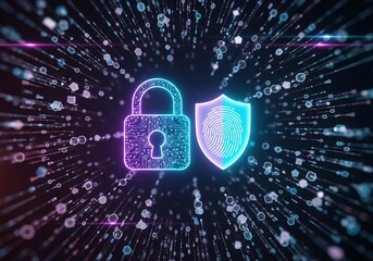 A glowing digital lock and a shield with a fingerprint icon, symbolizing biometric security. Represents data protection, user authentication, privacy, and secure access in the digital age of technolog