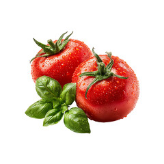 Fresh red tomatoes with basil leaves and water droplets isolated on white background