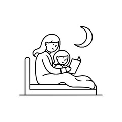 Illustration of a mother and child reading a book in bed under a crescent moon in black and white style