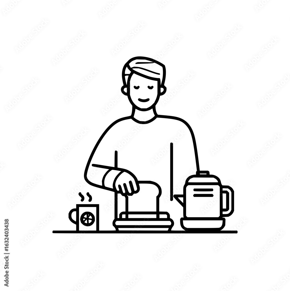 Poster A person preparing toast with a toaster next to a kettle and a mug on a table in a line drawing style