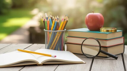 Serene Back to School: Books, Pencils, and Apple on Wooden Desk - Powered by Adobe