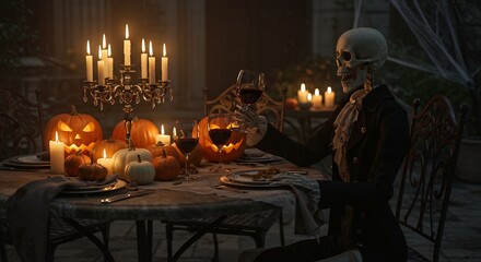 Halloween dinner party features skeleton raising wine glass among pumpkins candelabra and lit candles on outdoor table