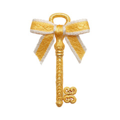 Vintage golden key adorned with a delicate yellow ribbon and bow for decorative or illustrative purposes