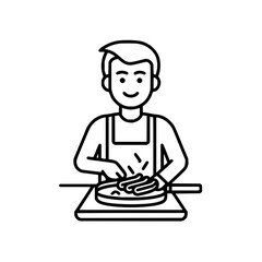 A person wearing an apron is cooking food in a pan on a stove with a spatula in a line drawing style