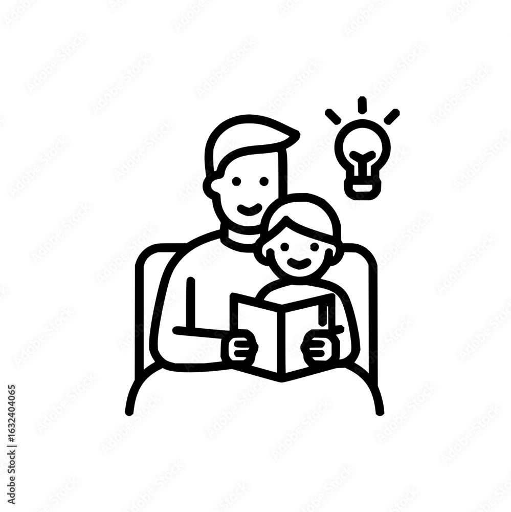Poster a father and child reading a book together with a lightbulb above them representing an idea or inspi